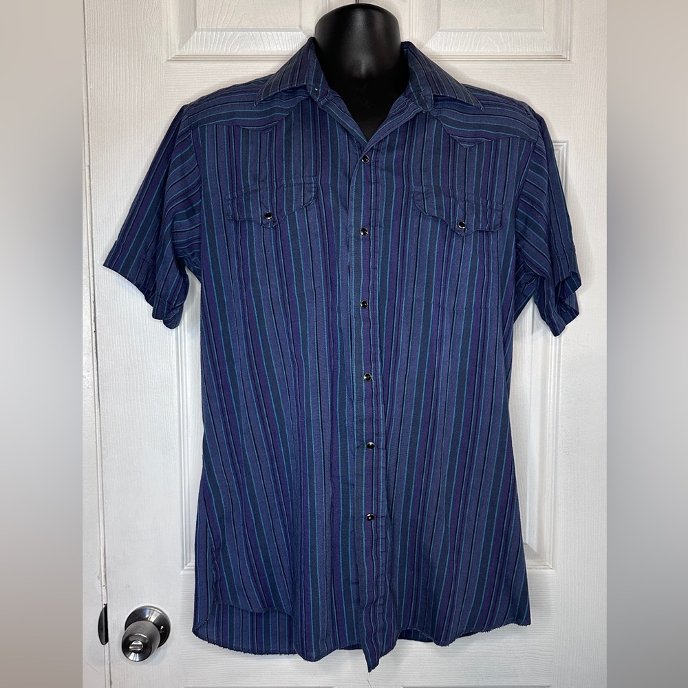 Panhandle Slim Men's Navy and Teal Vertical Stripe Short-Sleeve Button-Up